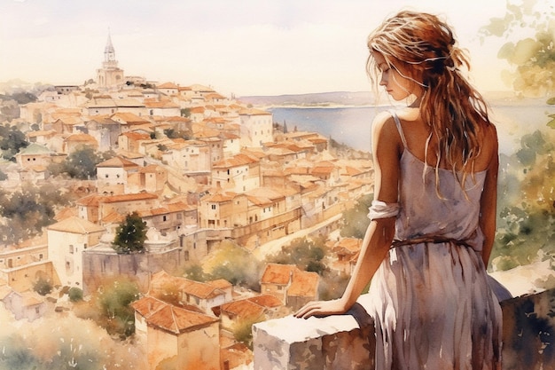 Illustrazione di una giovane donna che guarda la bellissima città dalla collina vista dal profilo in stile acquerello IA generativa