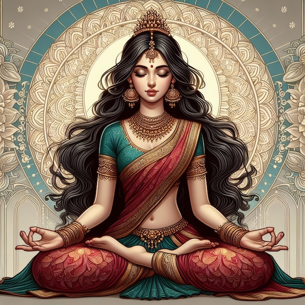 Illustrazione di una giovane donna di colore scuro che medita nella postura del loto
