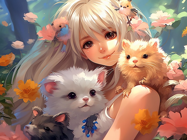 Illustrazione di una giovane ragazza bionda con animali carini in stile anime