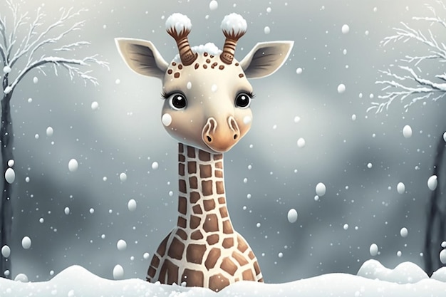 Illustrazione di una giraffa carina in Winter Wonderland Generative Ai
