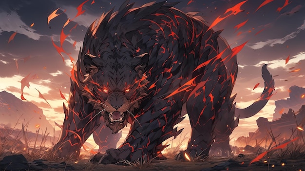 Illustrazione di una grande tigre nera in mezzo al fuoco e alle fiamme Concept art fantasy AI generativa