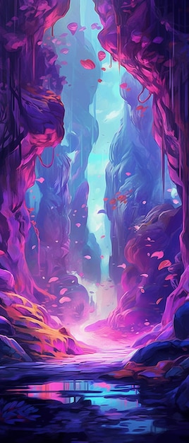 illustrazione di una grotta con una cascata e un uomo che cammina in essa generativo ai