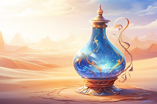 illustrazione di una lampada magica luminosa in piedi sulla sabbia nel deserto