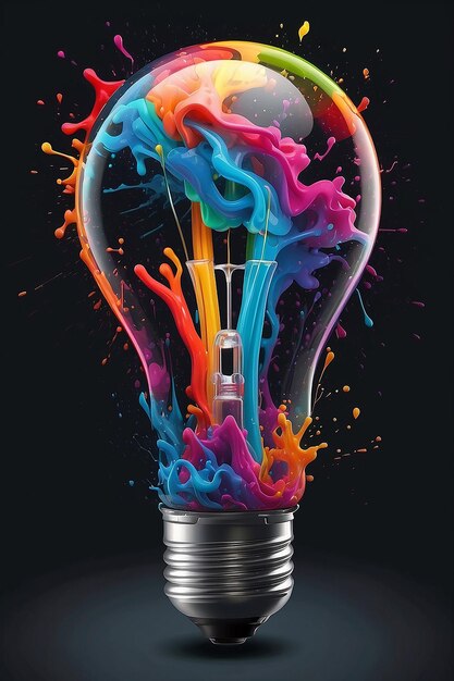 Illustrazione di una lampadina colorata con schizzi di colori AI generativa