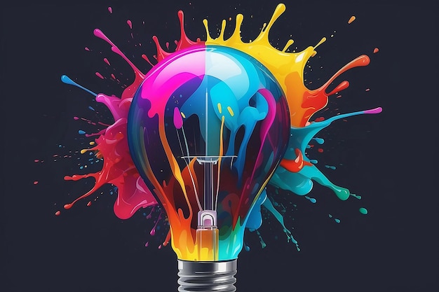 Illustrazione di una lampadina colorata con schizzi di colori AI generativa