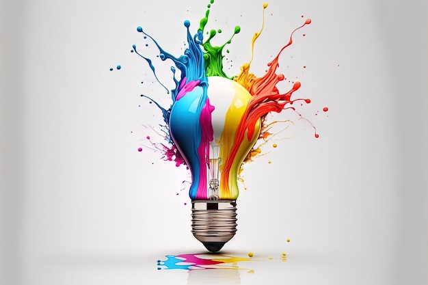 Illustrazione di una lampadina colorata con un tocco di colori su sfondo bianco Creatività eureka immaginazione ispirazione Generative AI Idea e concetto di soluzione