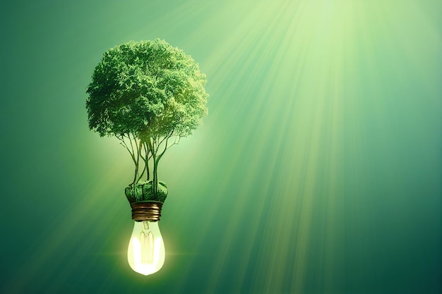 Illustrazione di una lampadina con un albero all'interno, energia rinnovabile verde, tecnologia sostenibile