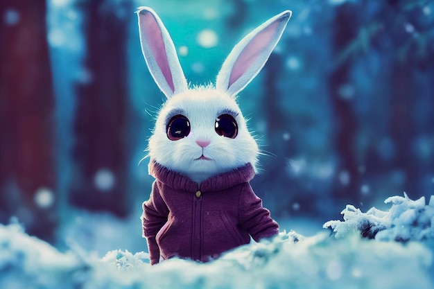 Illustrazione di una lepre grigia carina in una sciarpa con grandi occhi gentili in inverno sulla neve