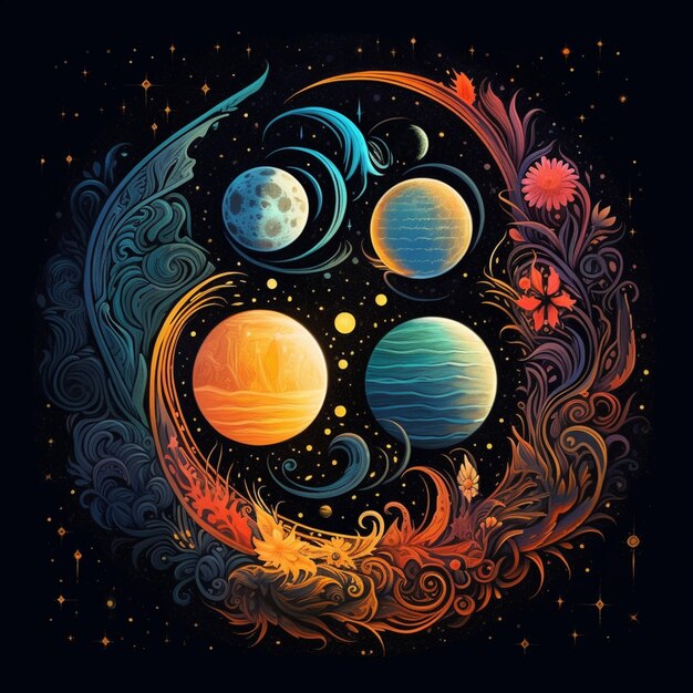 illustrazione di una luna colorata con pianeti e stelle sullo sfondo generativa ai