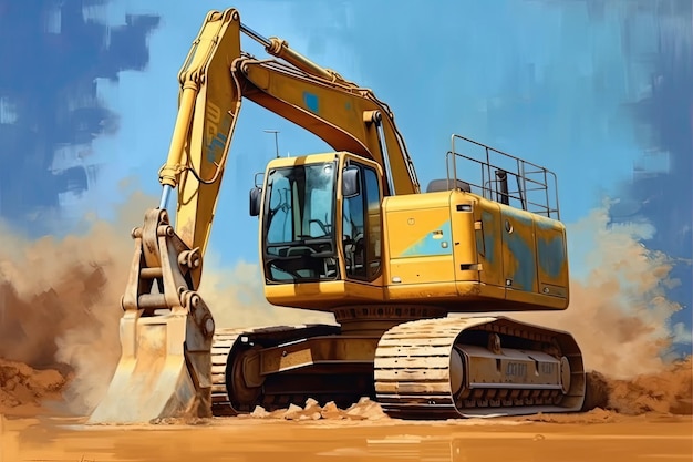 Illustrazione di una macchina di scavo per la costruzione in colore giallo scuro e azzurro chiaro IA generativa