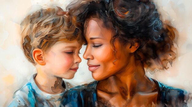 Illustrazione di una madre afroamericana con il suo piccolo figlio bianco caucasico