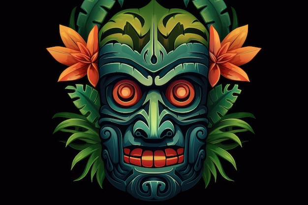 Illustrazione di una maschera Tiki tropicale Simbolo di una tribù selvaggia nella giungla Generative AI