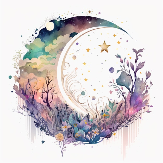 illustrazione di una mezzaluna con una stella e una luna nel cielo generativa ai