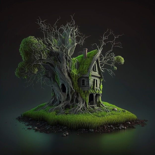 Illustrazione di una modalità oscura housecreepy fantasma in miniatura con albero verde