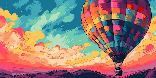 Illustrazione di una mongolfiera che vola nel cielo con uno sfondo colorato ai generativo
