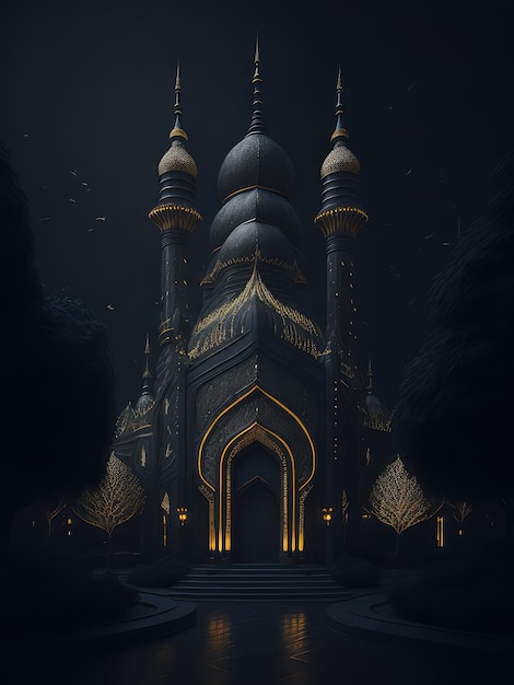 Illustrazione di una moschea di notte con un bellissimo riflesso nell'acqua creata con la tecnologia Generative AI