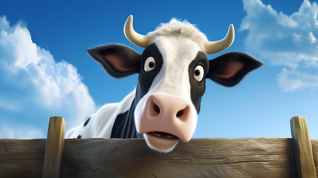 Illustrazione di una mucca che guarda sopra un recinto contro un cielo blu