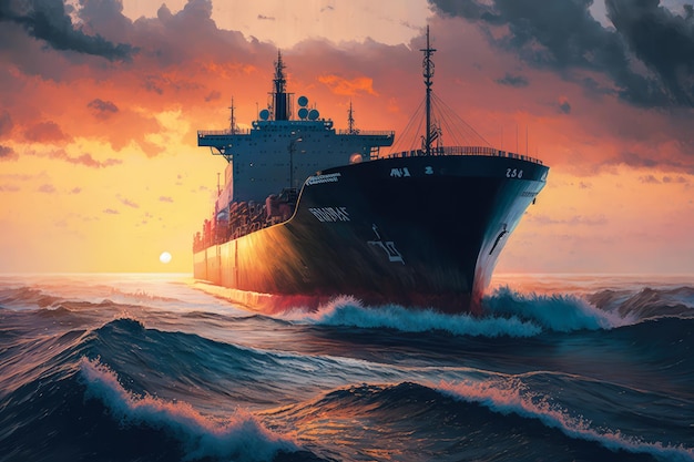 Illustrazione di una nave da carico che naviga in mare aperto con una bellissima alba sullo sfondo