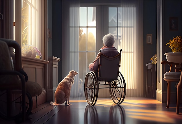 Illustrazione di una persona anziana seduta in sedia a rotelle vicino alla finestra con un cane ai