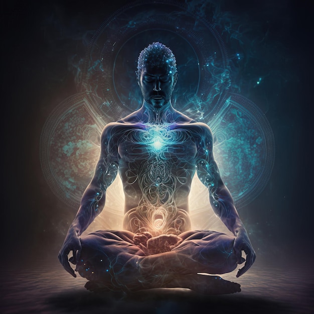 illustrazione di una persona che fa spiritualità yoga con l'universo IA generativa