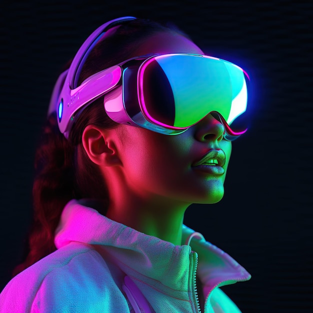 Illustrazione di una persona che indossa un visore VR per realtà virtuale creato come opera d'arte generativa utilizzando l'intelligenza artificiale