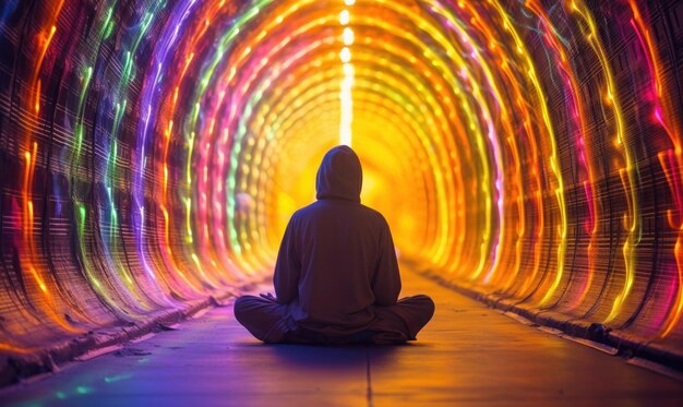 Illustrazione di una persona che medita su uno sfondo di colori brillanti