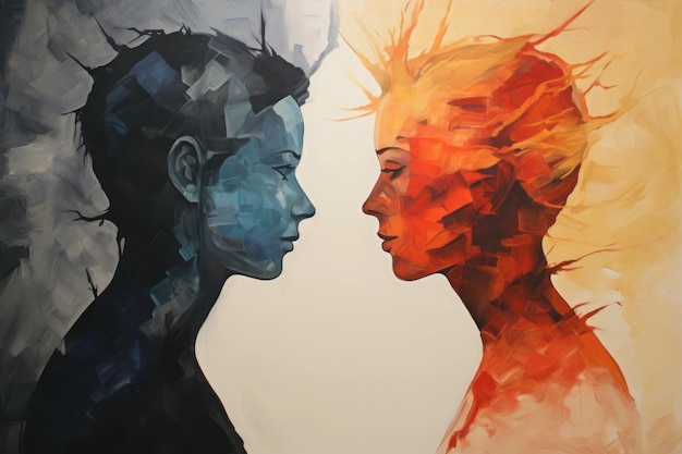 Illustrazione di una persona con problemi mentali Le sagome di due persone strane si guardano l'un l'altra Disturbo bipolare e depressione