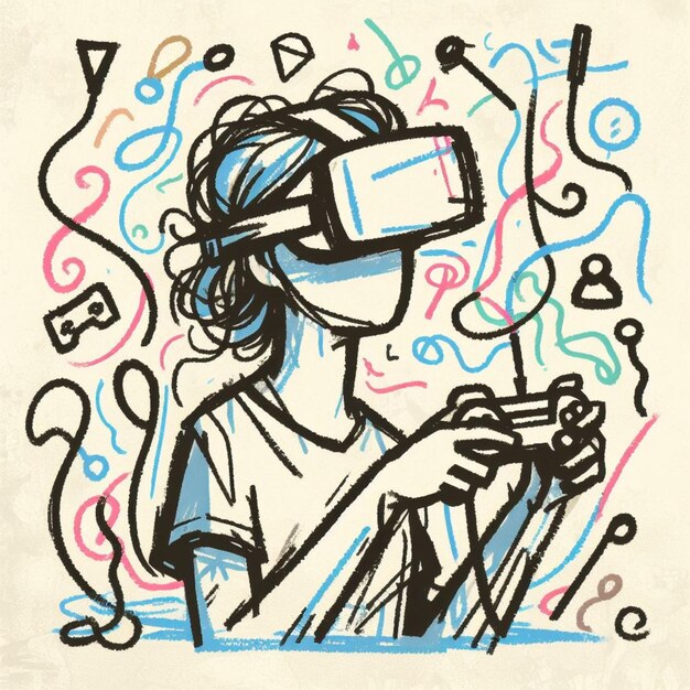 Illustrazione di una persona in un ambiente di gioco di realtà virtuale utilizzando controller con elementi digitali intorno a loro