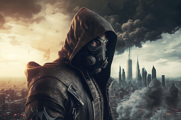 Illustrazione di una persona in una città inquinata con cappuccio e maschera antigas sullo sfondo IA generativa