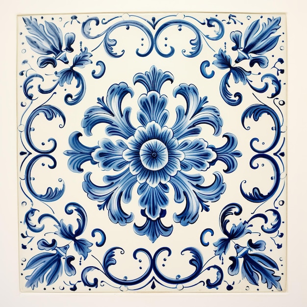 illustrazione di una piastrella vintage di Delft su sfondo bianco blu