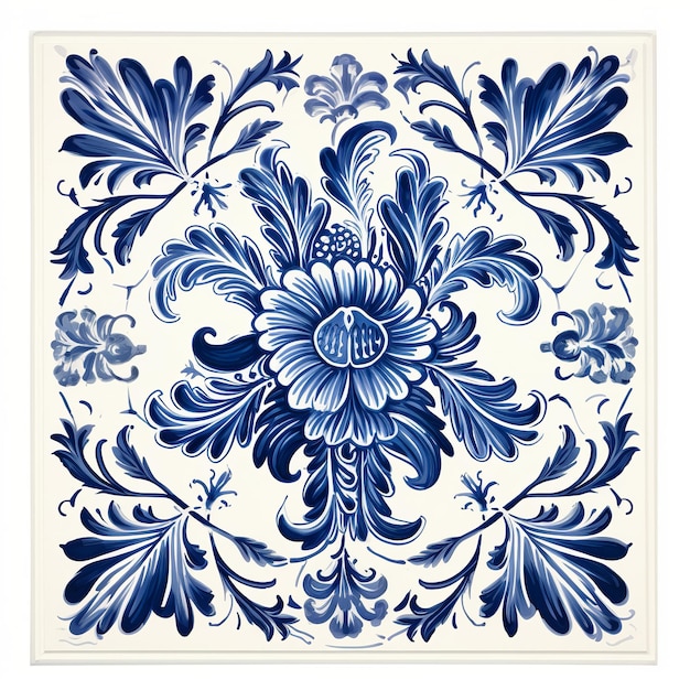 illustrazione di una piastrella vintage di Delft su sfondo bianco blu