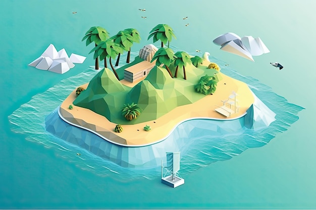 Illustrazione di una piccola isola nel rendering 3d dell'oceano