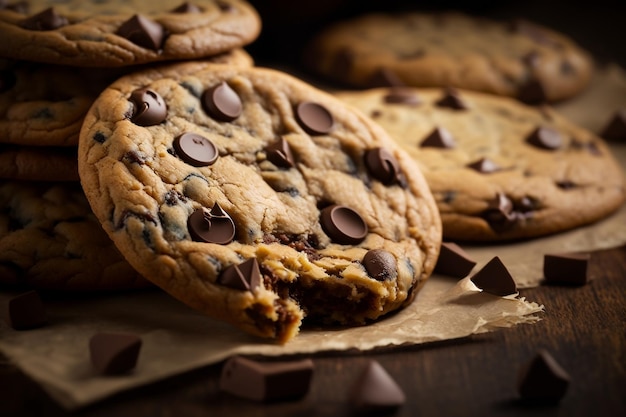 Illustrazione di una pila di biscotti al cioccolato appena sfornati su carta pergamena creata con Ai