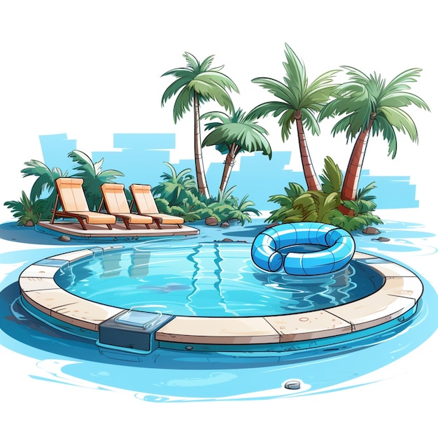 illustrazione di una piscina con sedie a sdraio e palme generative ai