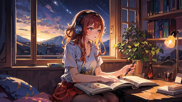 Illustrazione di una ragazza anime che studia in camera da letto la sera indossando le cuffie