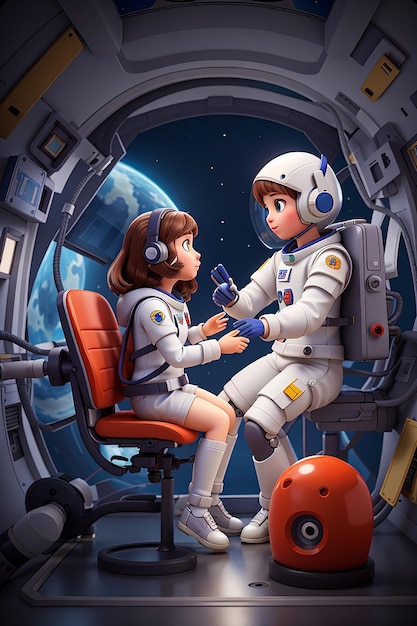 Illustrazione di una ragazza astronauta e un robot nella nave spaziale