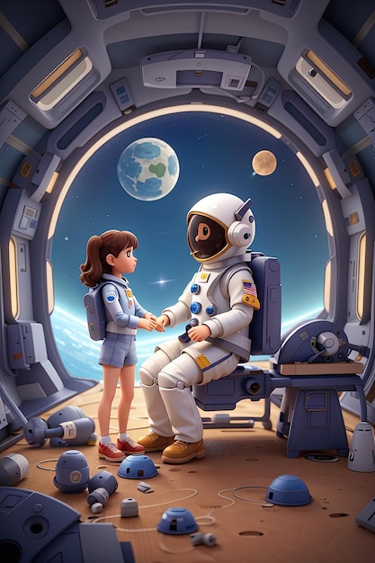 Illustrazione di una ragazza astronauta e un robot nella nave spaziale