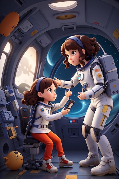 Illustrazione di una ragazza astronauta e un robot nella nave spaziale