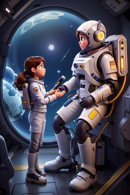 Illustrazione di una ragazza astronauta e un robot nella nave spaziale