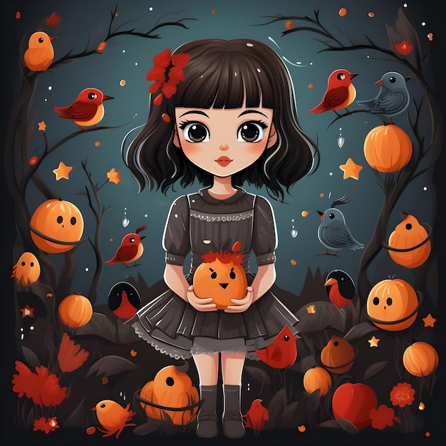 Illustrazione di una ragazza carina in un post divertente sui social media per la festa del festival di Halloween