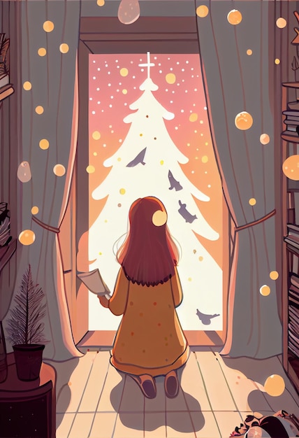 Illustrazione di una ragazza che guarda un albero di Natale Generativo Ai