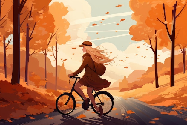 Illustrazione di una ragazza che guida una bicicletta nel parco autunnale in montagna