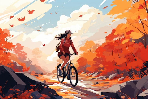 Illustrazione di una ragazza che guida una bicicletta nel parco autunnale in montagna
