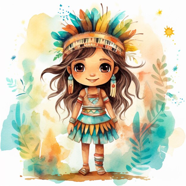 illustrazione di una ragazza che indossa un copricapo nativo americano generativo ai