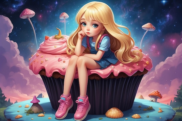 Illustrazione di una ragazza con i capelli lunghi biondi seduta in una postura pensativa su un enorme cupcake che assomiglia