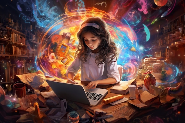 illustrazione di una ragazza davanti a un computer che scrive un mondo immaginario