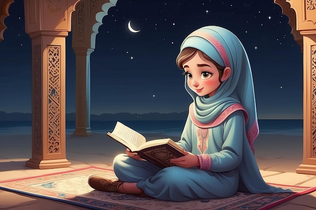 Illustrazione di una ragazza dei cartoni animati che legge il Corano