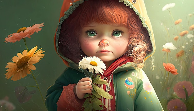 Illustrazione di una ragazza dolce e carina circondata da fiori Concetto di primavera Personaggio fiabesco IA generativa