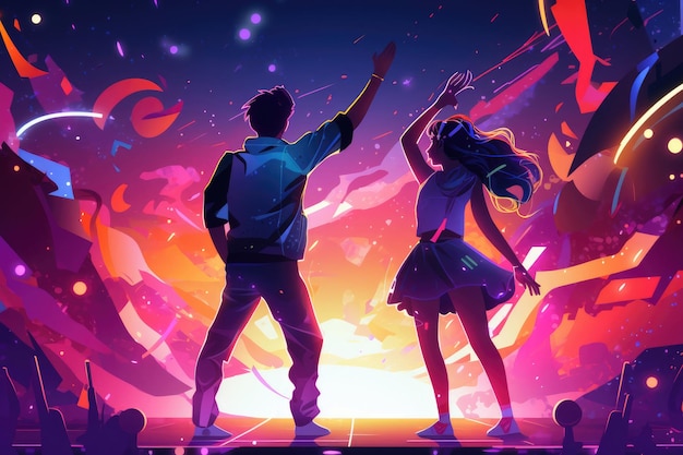 Illustrazione di una ragazza e di un ragazzo che ballano a una festa al neon rave