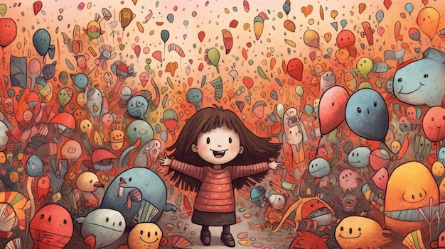 Illustrazione di una ragazza in una folla di palloncini